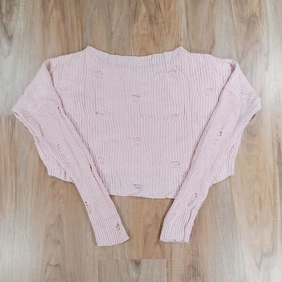 🔸️Express Pink Distressed Lughtweight Hi-Low Cropped Sweater Medium - Picture 2 of 7
